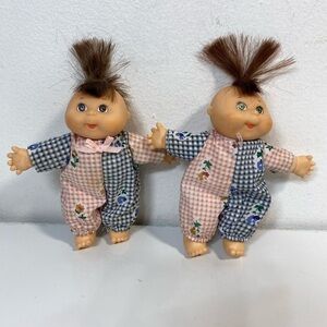 Vtg 1995 TWINS Cabbage Patch Kids Mini Baby Doll 5" Brown Hair, Green&brown Eyes